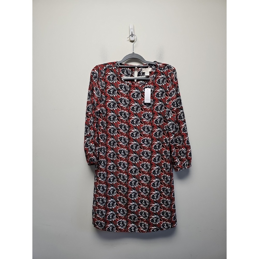 Loft dress womens Shirt Dress Shift Red Floral 3/4‎ Sleeve Sheath Button Neck S